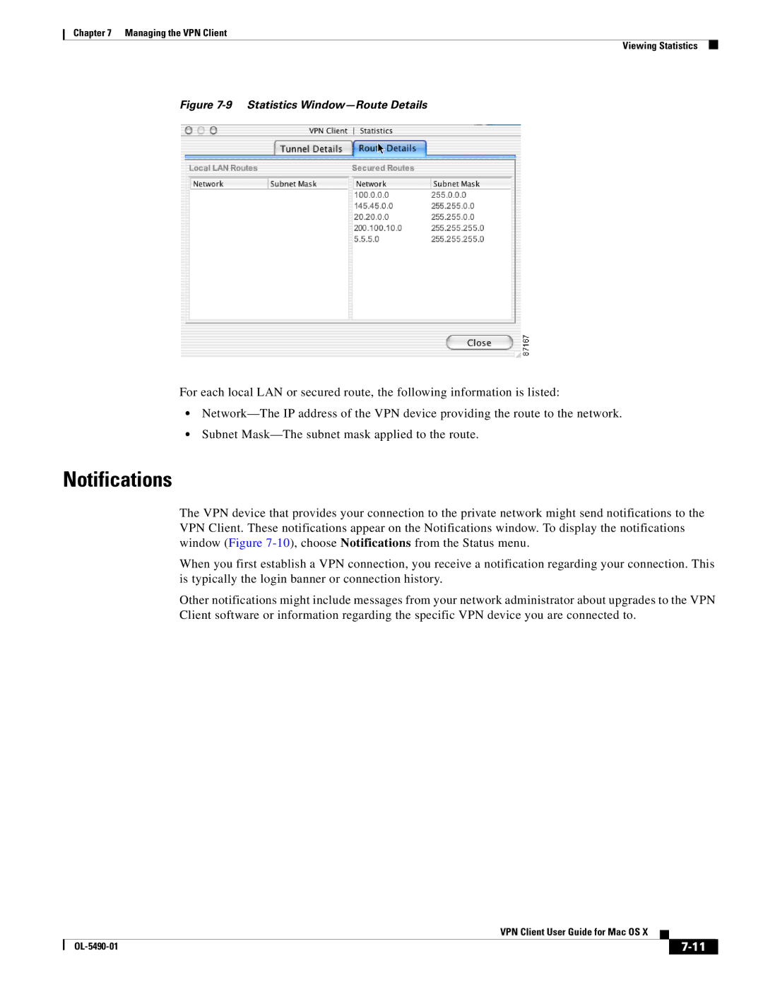 Cisco Systems OL-5490-01 manual Notifications, Statistics Window-Route Details 