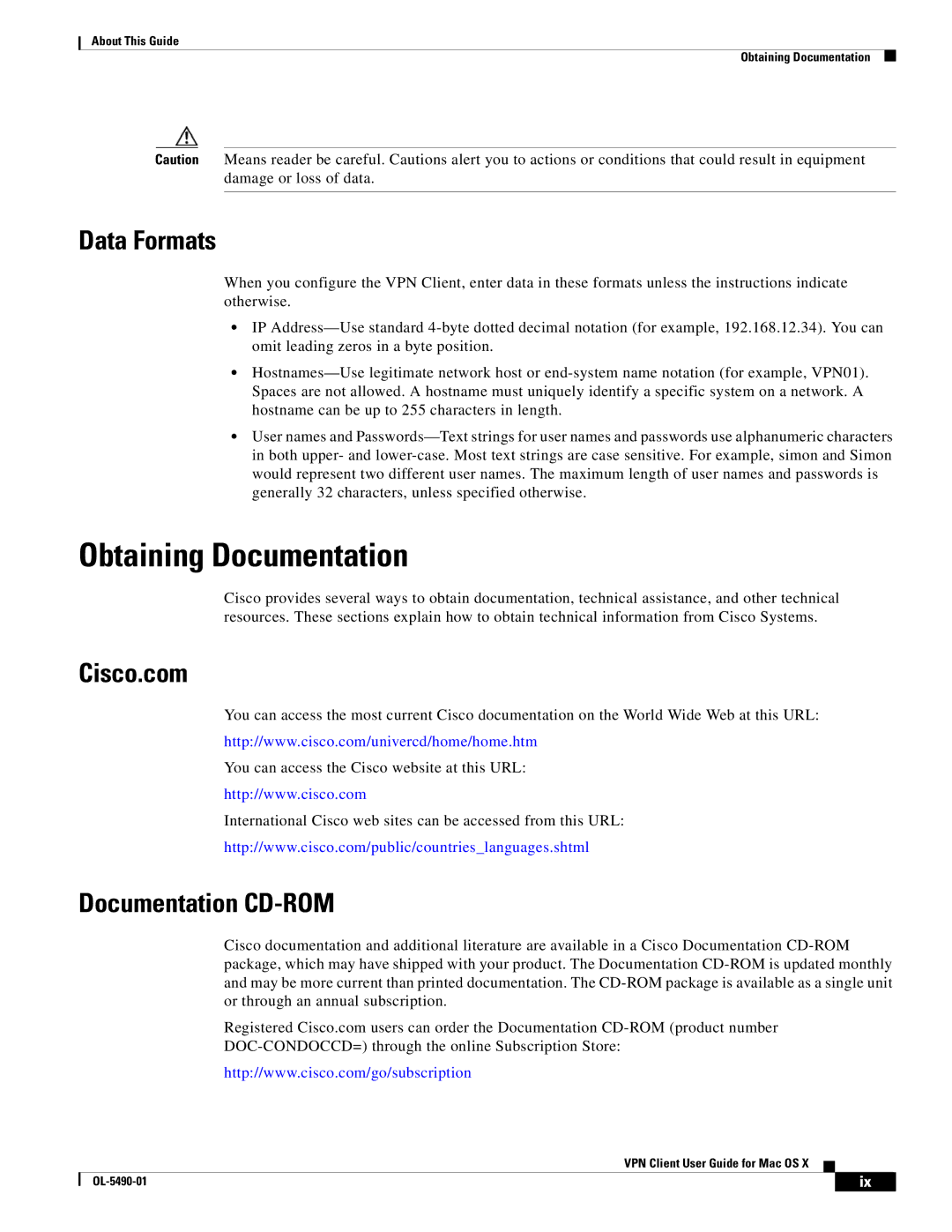 Cisco Systems OL-5490-01 manual Obtaining Documentation, Data Formats, Cisco.com, Documentation CD-ROM 