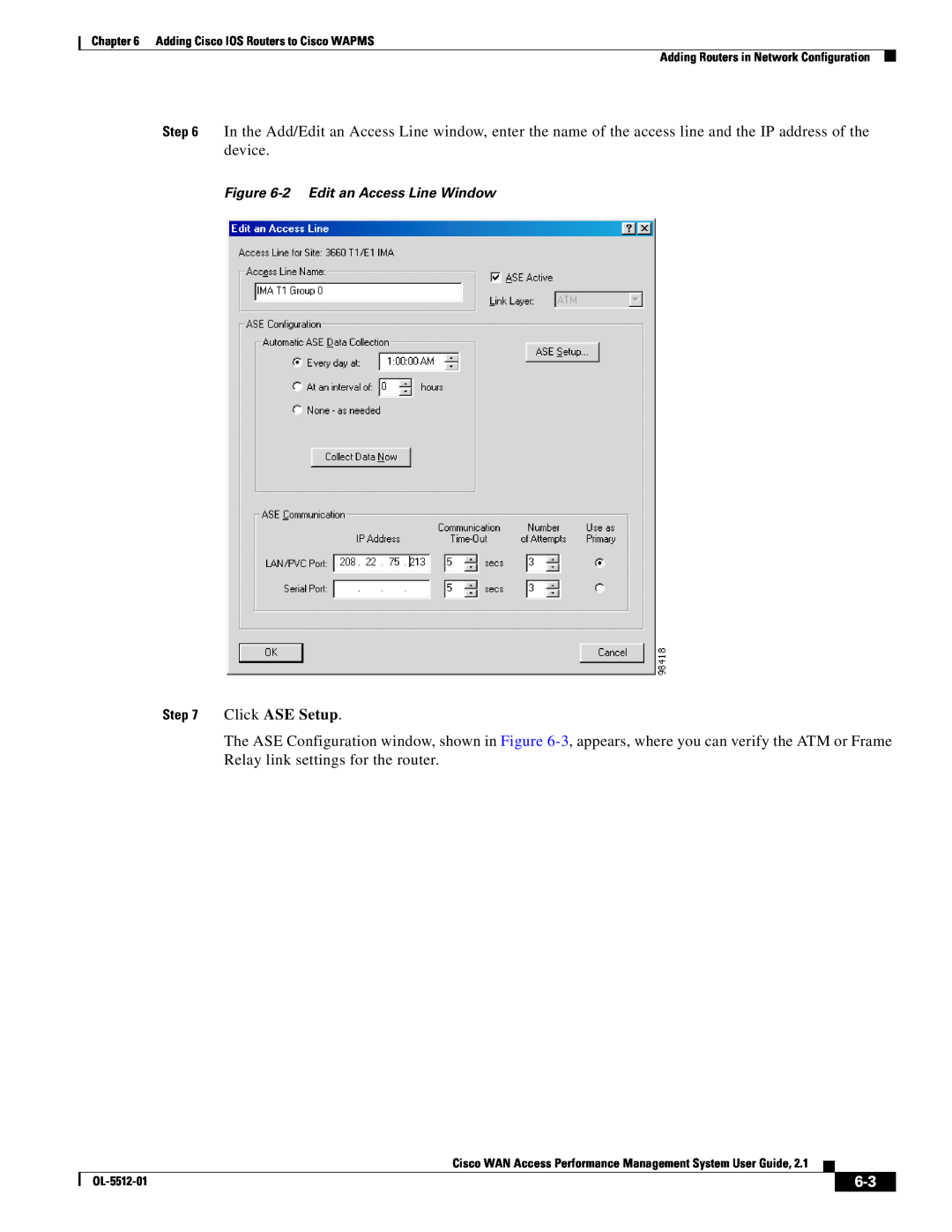Cisco Systems OL-5512-01 manual Click ASE Setup, 2 Edit an Access Line Window 