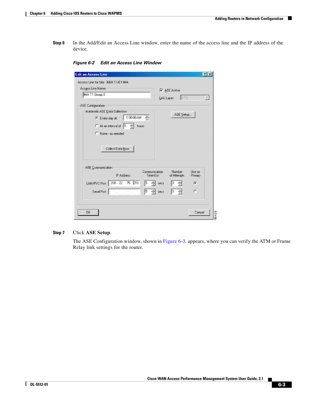 Cisco Systems OL-5512-01 manual Click ASE Setup, Edit an Access Line Window 