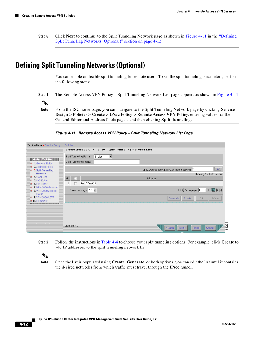 Cisco Systems OL-5532-02 Defining Split Tunneling Networks Optional, Remote Access VPN Policy Split Tunneling Network List 