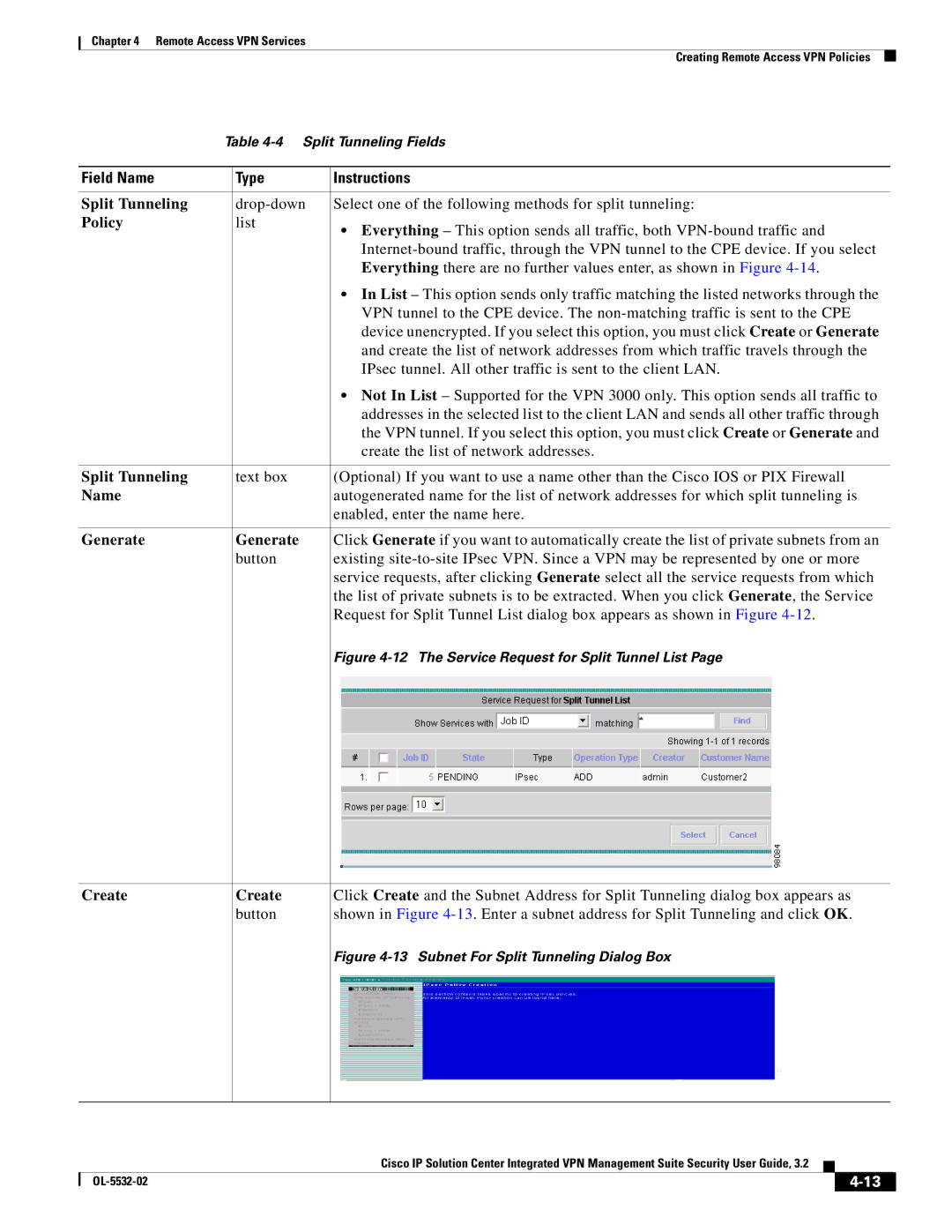 Cisco Systems OL-5532-02 manual Split Tunneling, Policy, Generate, Create 