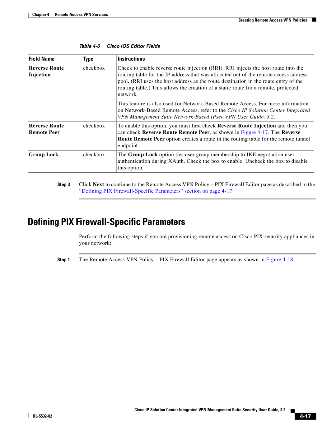 Cisco Systems OL-5532-02 manual Defining PIX Firewall-Specific Parameters, Reverse Route, Injection, Group Lock 