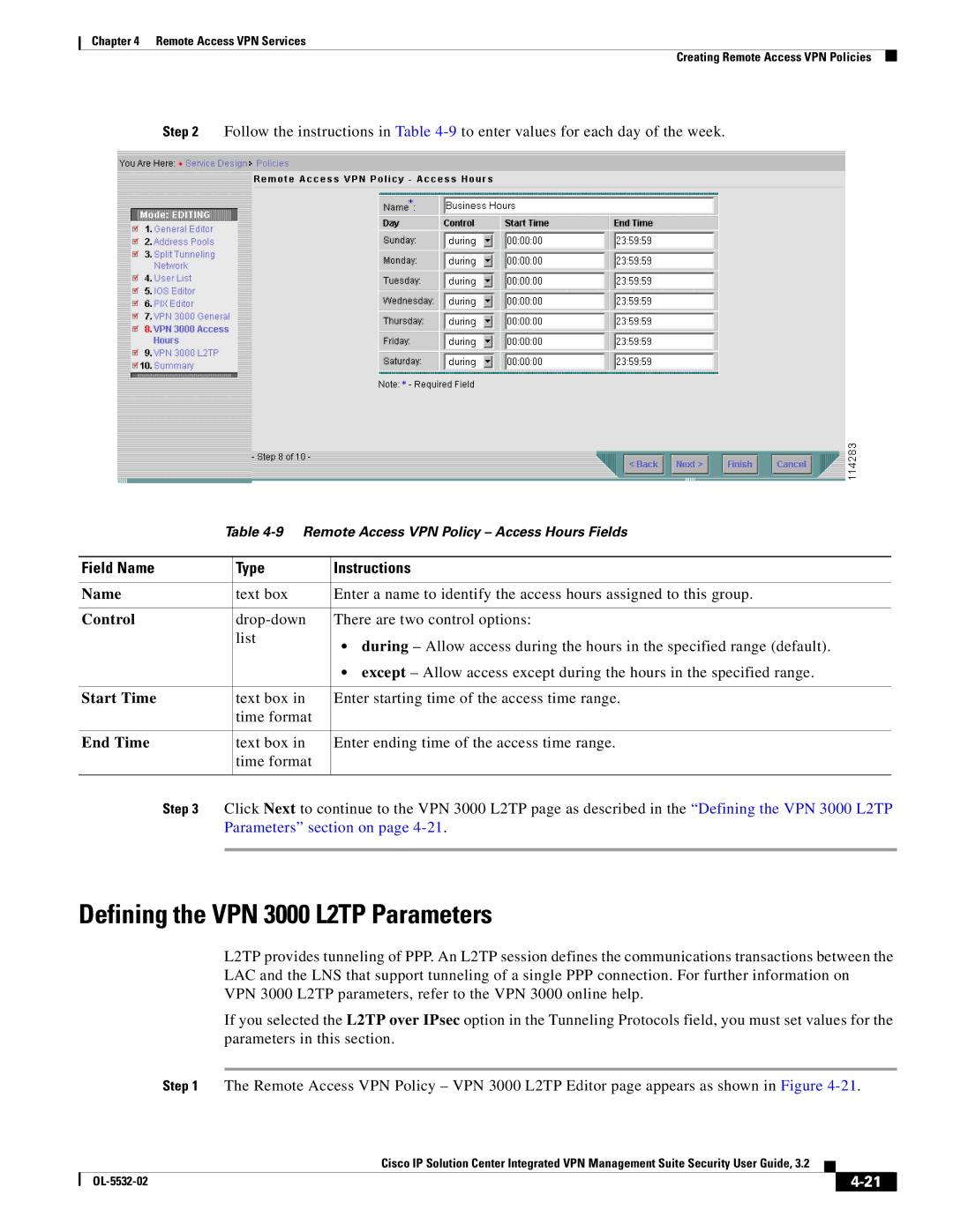 Cisco Systems OL-5532-02 manual Defining the VPN 3000 L2TP Parameters, Control, Start Time, End Time 