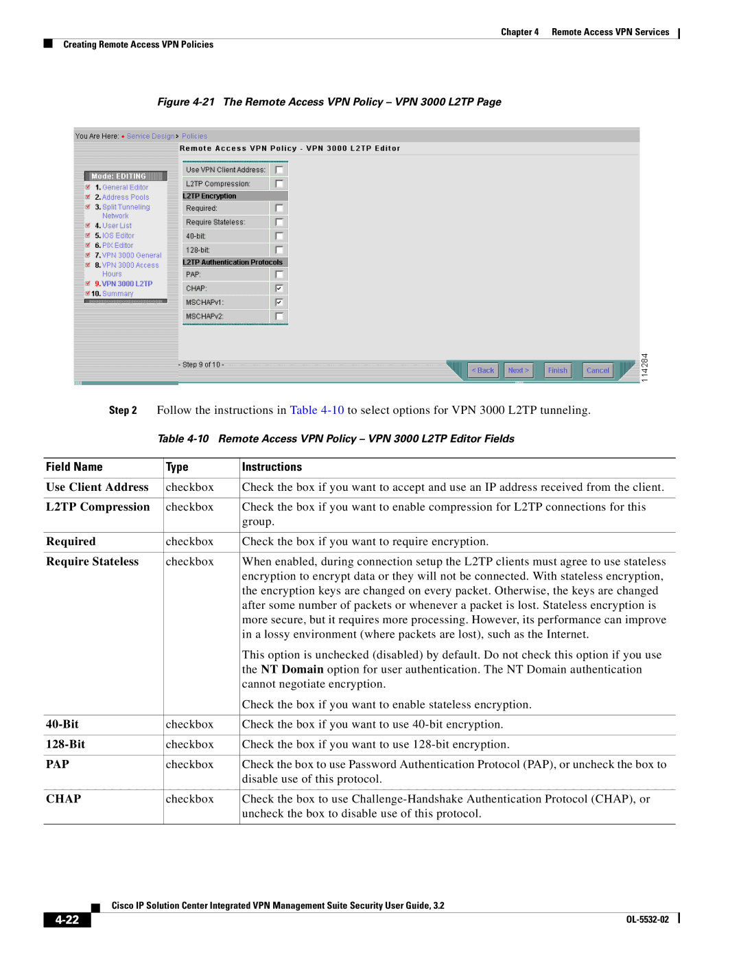 Cisco Systems OL-5532-02 manual Use Client Address, L2TP Compression, Required, Require Stateless, 40-Bit, 128-Bit 