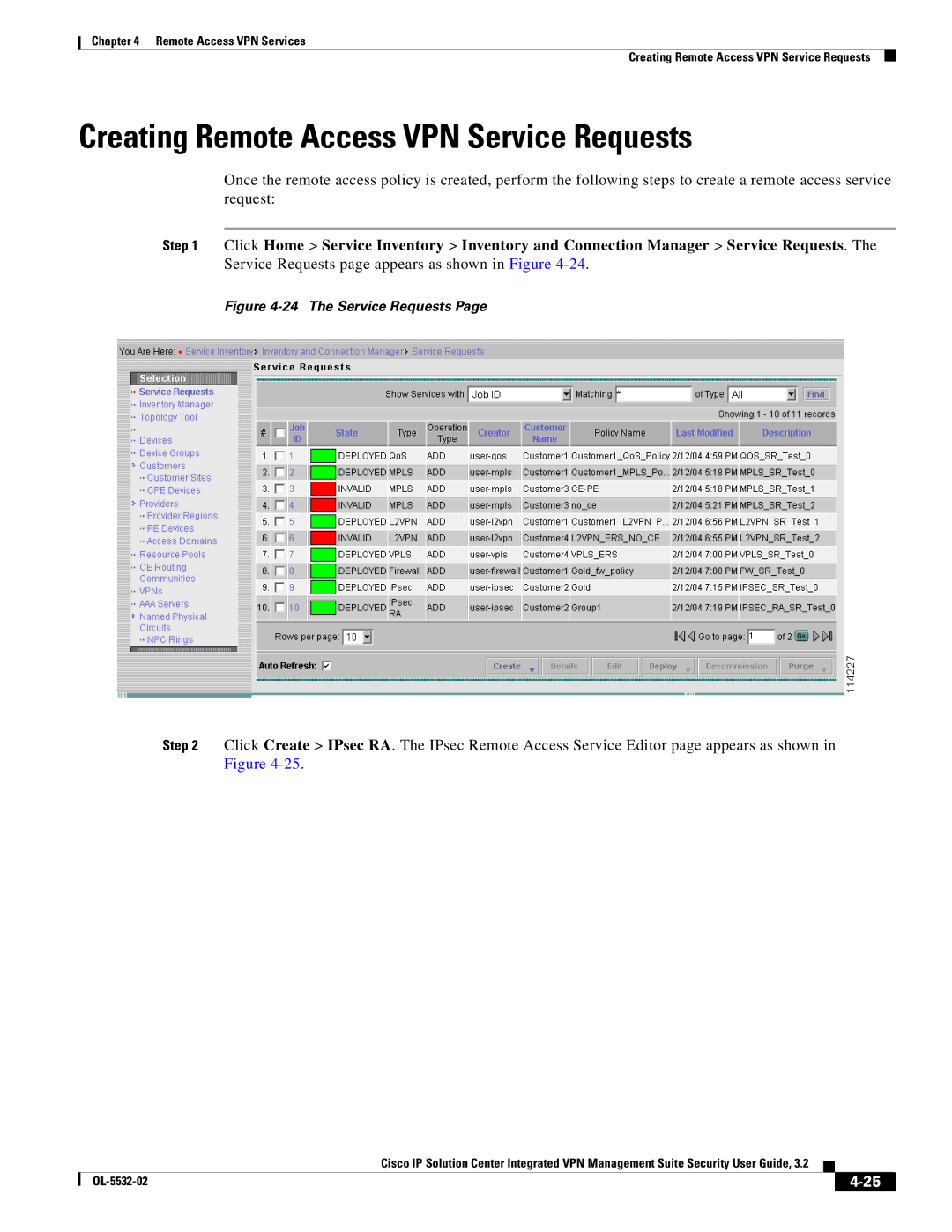 Cisco Systems OL-5532-02 manual Creating Remote Access VPN Service Requests 