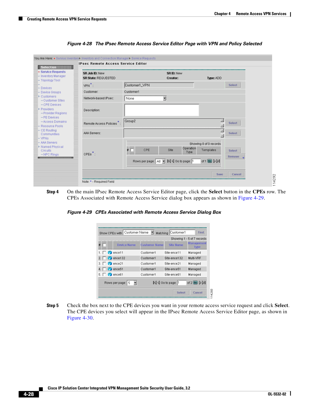 Cisco Systems OL-5532-02 manual CPEs Associated with Remote Access Service Dialog Box 