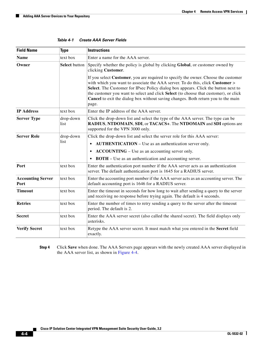 Cisco Systems OL-5532-02 Name, Owner Select button, IP Address, Server Type, Server Role, Port, Accounting Server, Timeout 