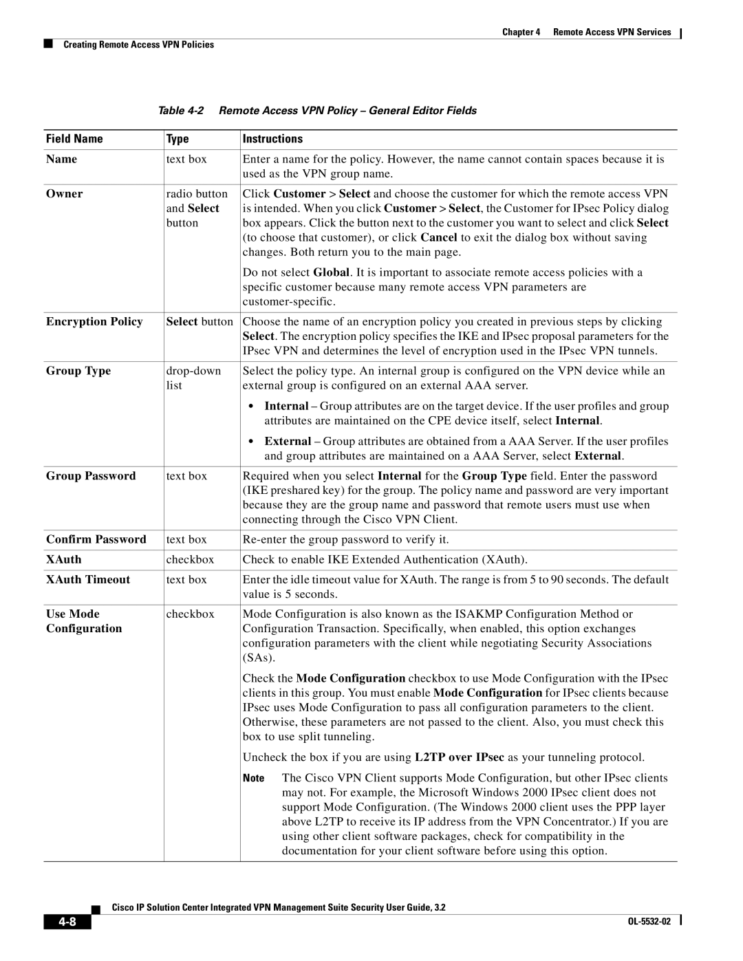 Cisco Systems OL-5532-02 Owner, Encryption Policy Select button, Group Type, Group Password, Confirm Password, XAuth 