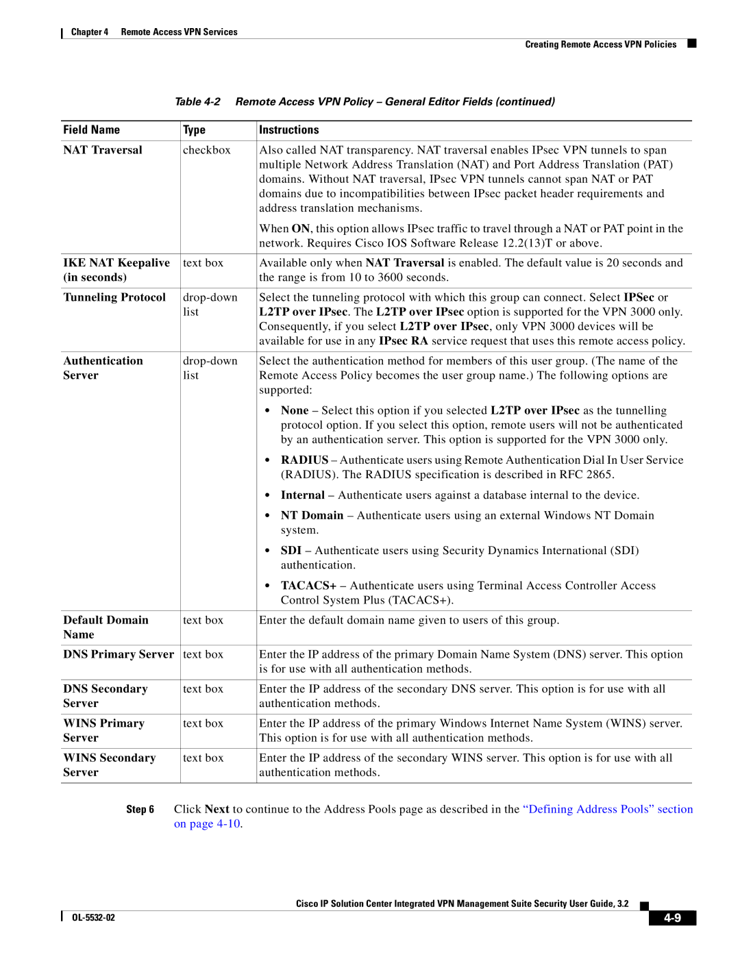 Cisco Systems OL-5532-02 manual NAT Traversal, IKE NAT Keepalive, Seconds, Tunneling Protocol, Authentication, Server 