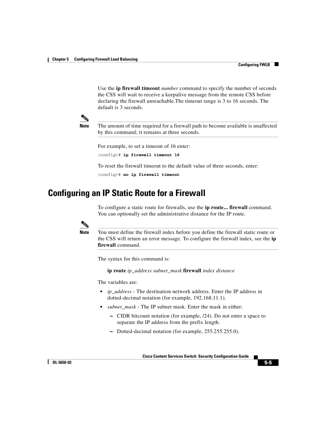 Cisco Systems OL-5650-02 manual Configuring an IP Static Route for a Firewall, Config# ip firewall timeout 