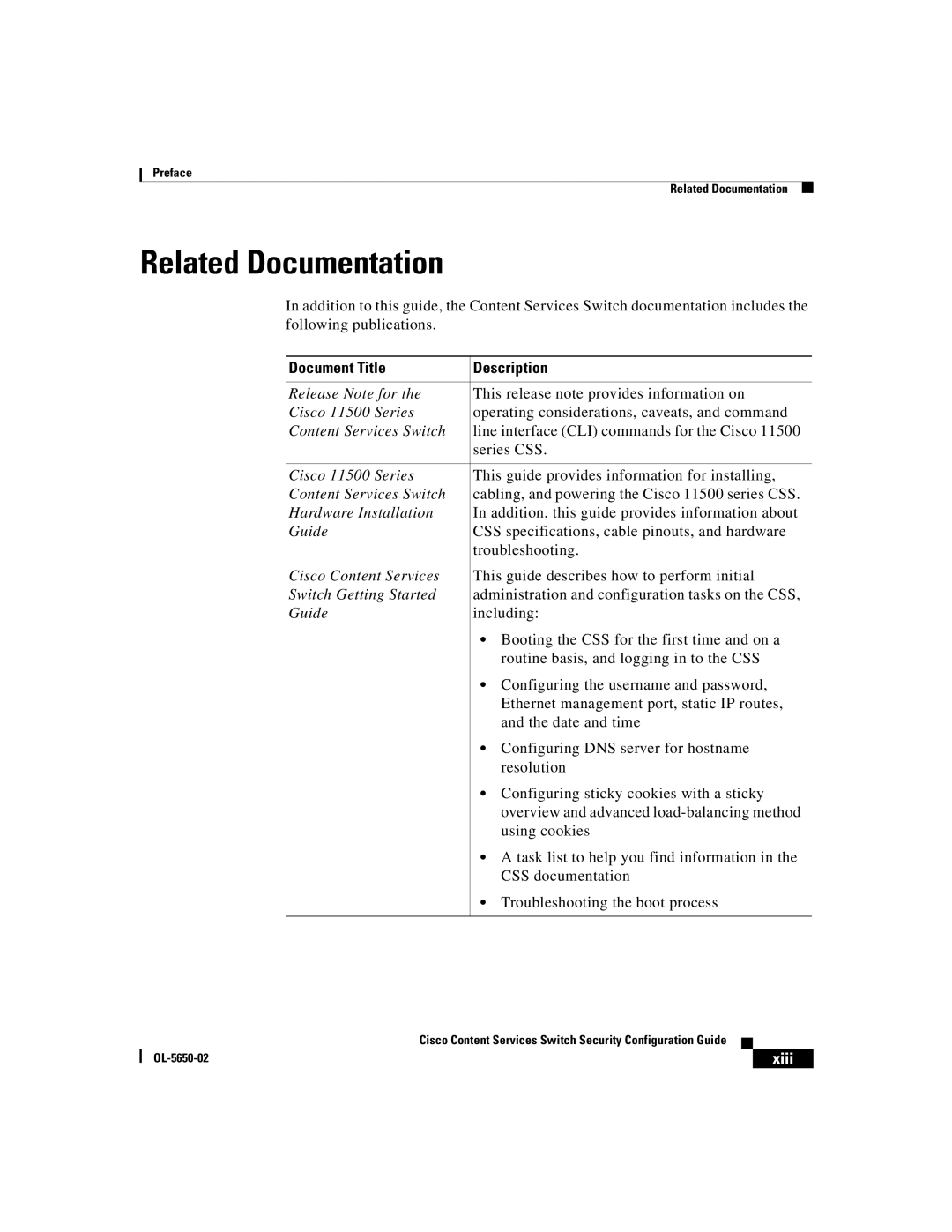 Cisco Systems OL-5650-02 manual Related Documentation, Xiii 