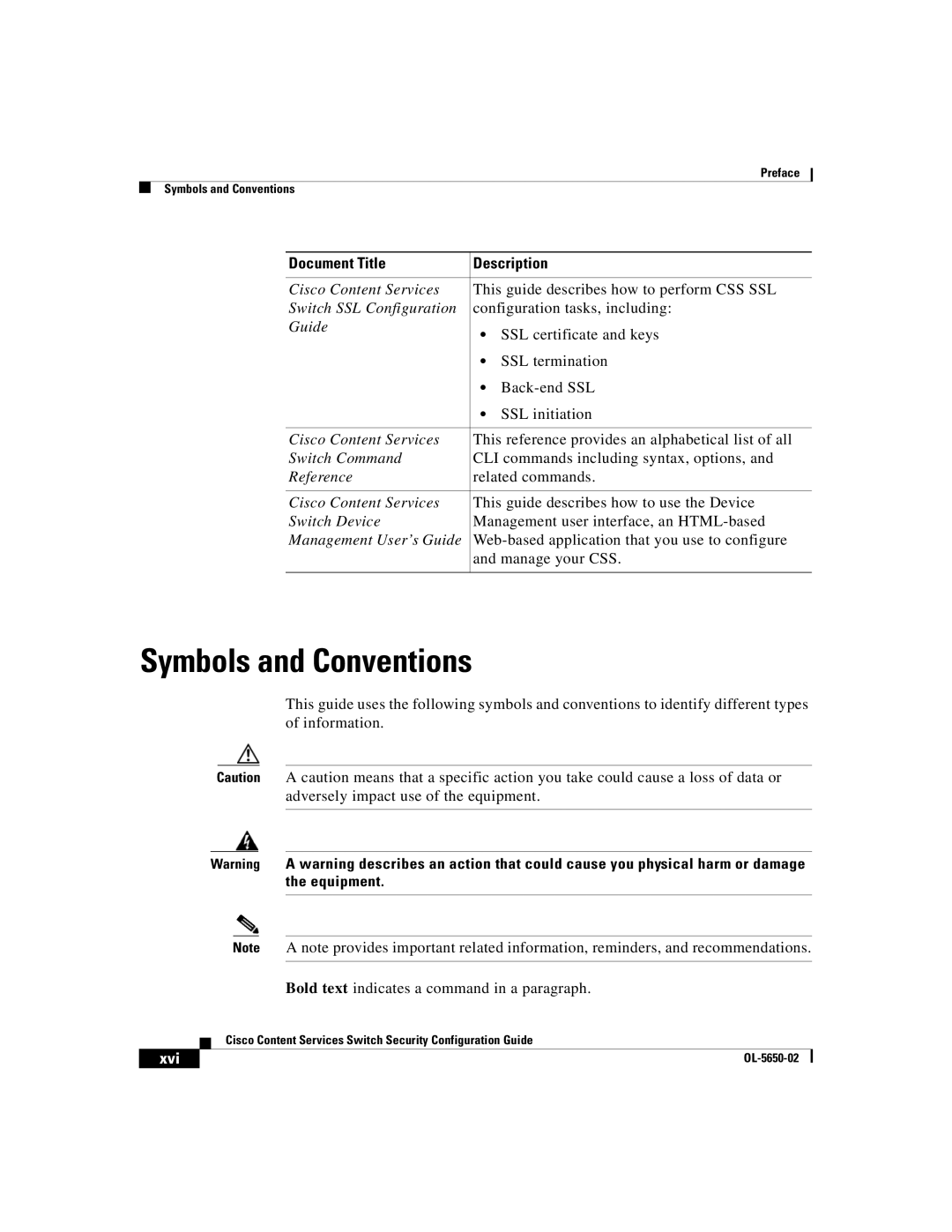 Cisco Systems OL-5650-02 manual Symbols and Conventions, Xvi 