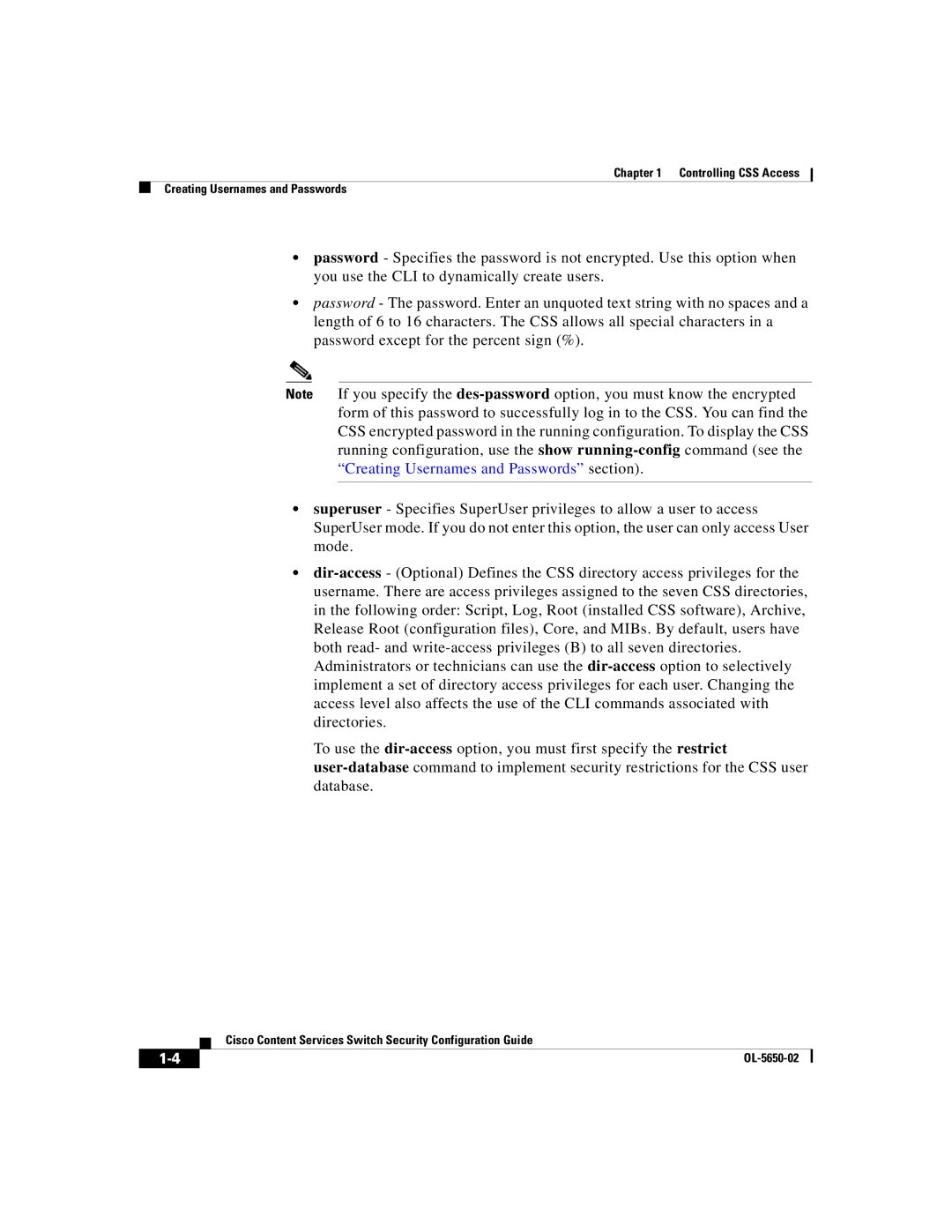 Cisco Systems OL-5650-02 manual Controlling CSS Access Creating Usernames and Passwords 