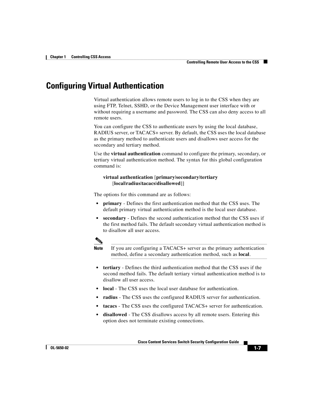 Cisco Systems OL-5650-02 manual Configuring Virtual Authentication 