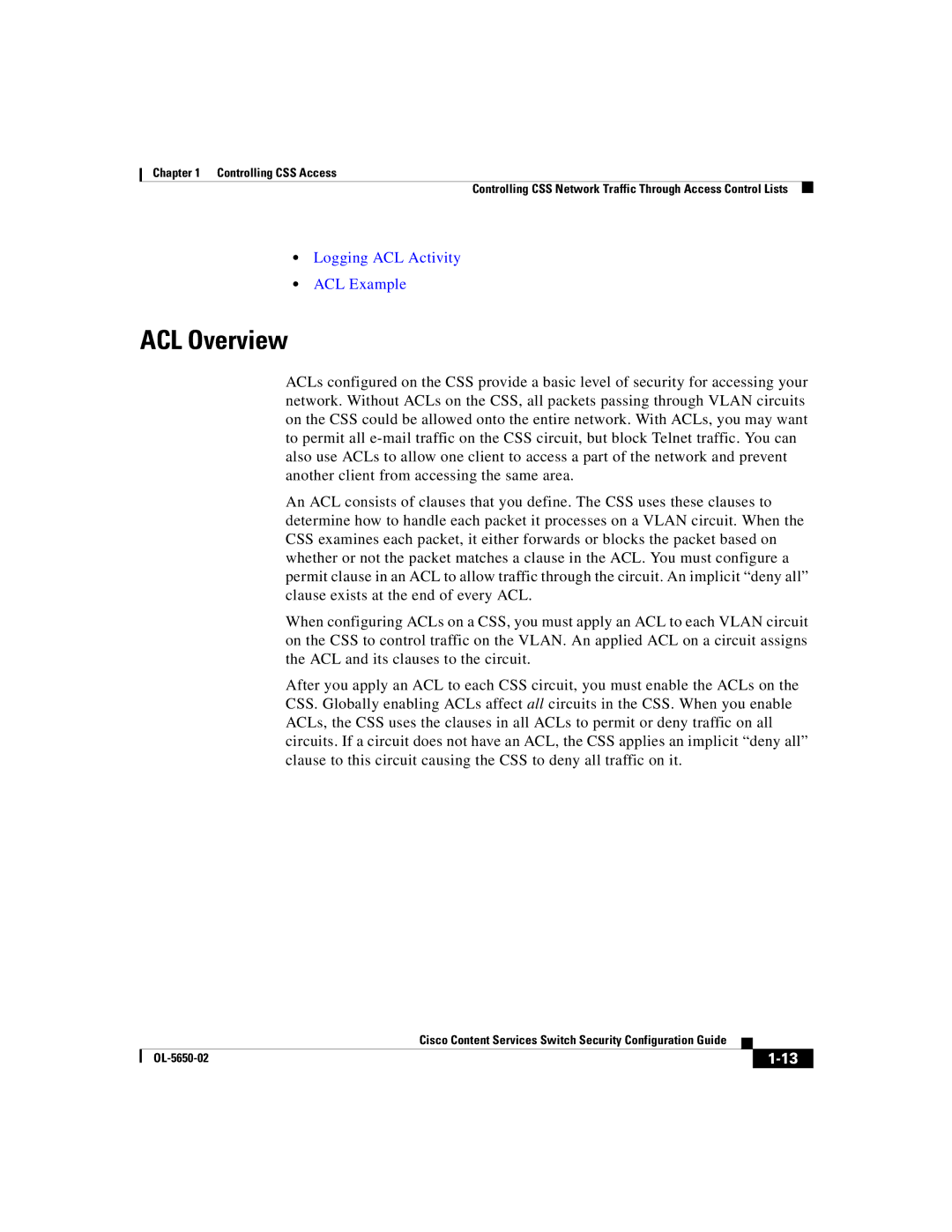 Cisco Systems OL-5650-02 manual ACL Overview 