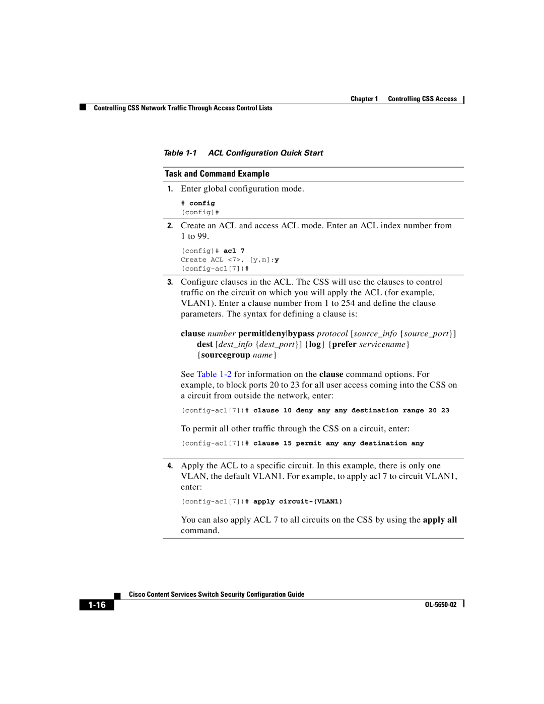 Cisco Systems OL-5650-02 manual Config-acl7#clause 10 deny any any destination range 20, Config-acl7#apply circuit-VLAN1 