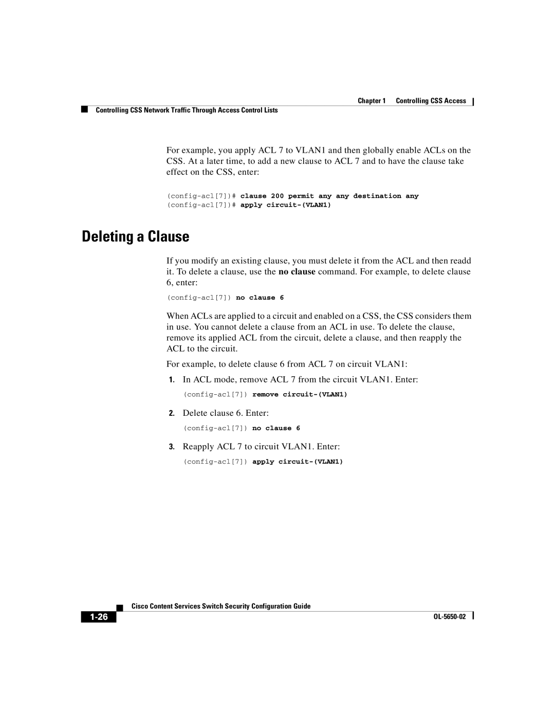 Cisco Systems OL-5650-02 manual Deleting a Clause, Config-acl7remove circuit-VLAN1, Config-acl7apply circuit-VLAN1 