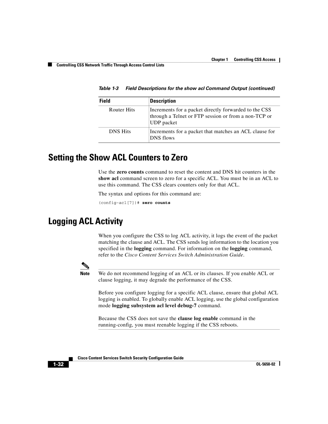 Cisco Systems OL-5650-02 manual Setting the Show ACL Counters to Zero, Logging ACL Activity 