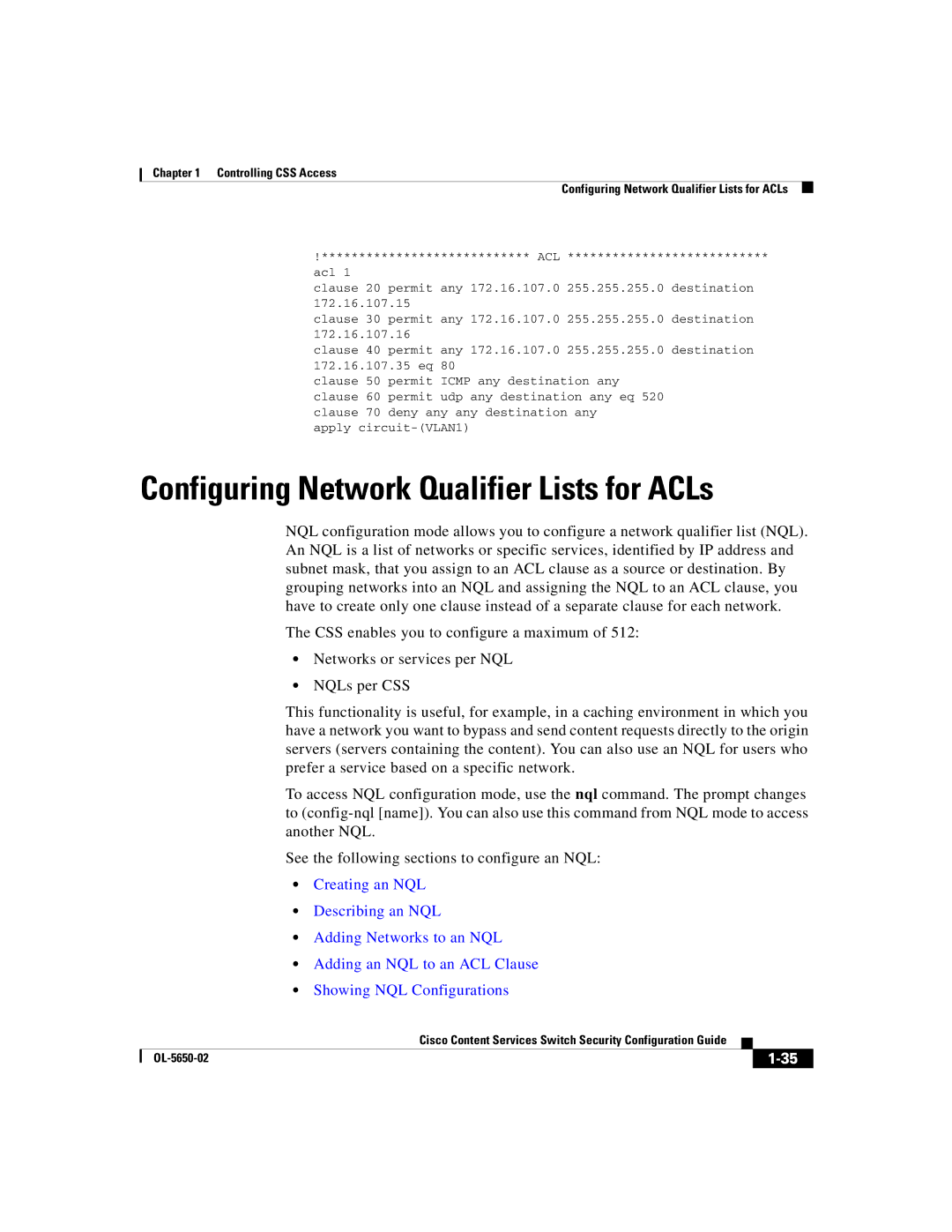 Cisco Systems OL-5650-02 manual Configuring Network Qualifier Lists for ACLs 