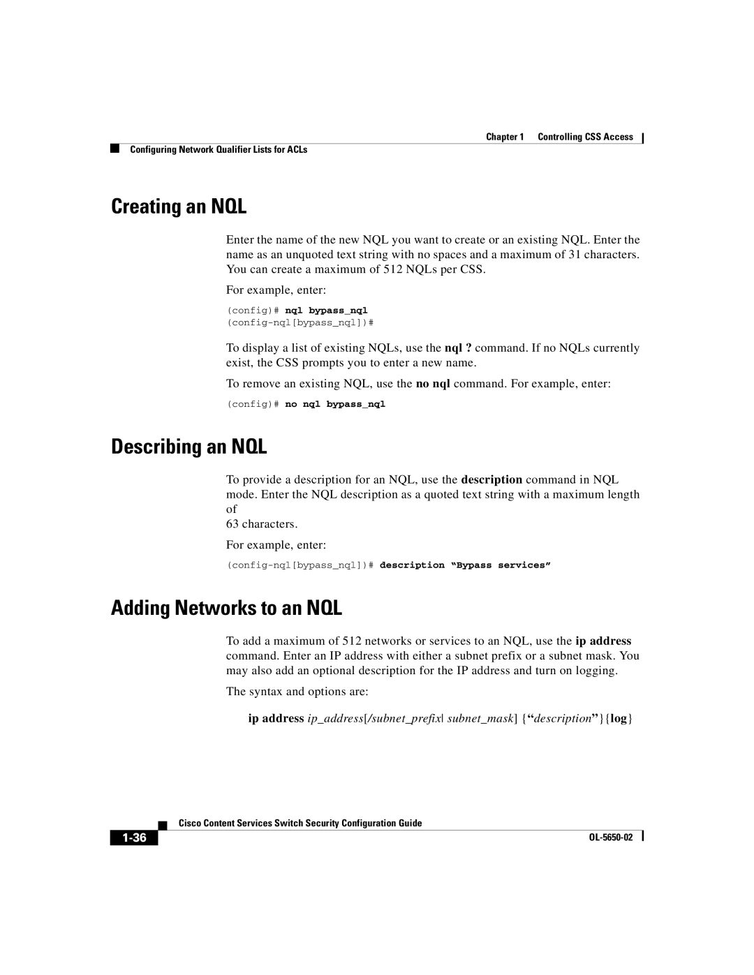 Cisco Systems OL-5650-02 manual Creating an NQL, Describing an NQL, Adding Networks to an NQL 