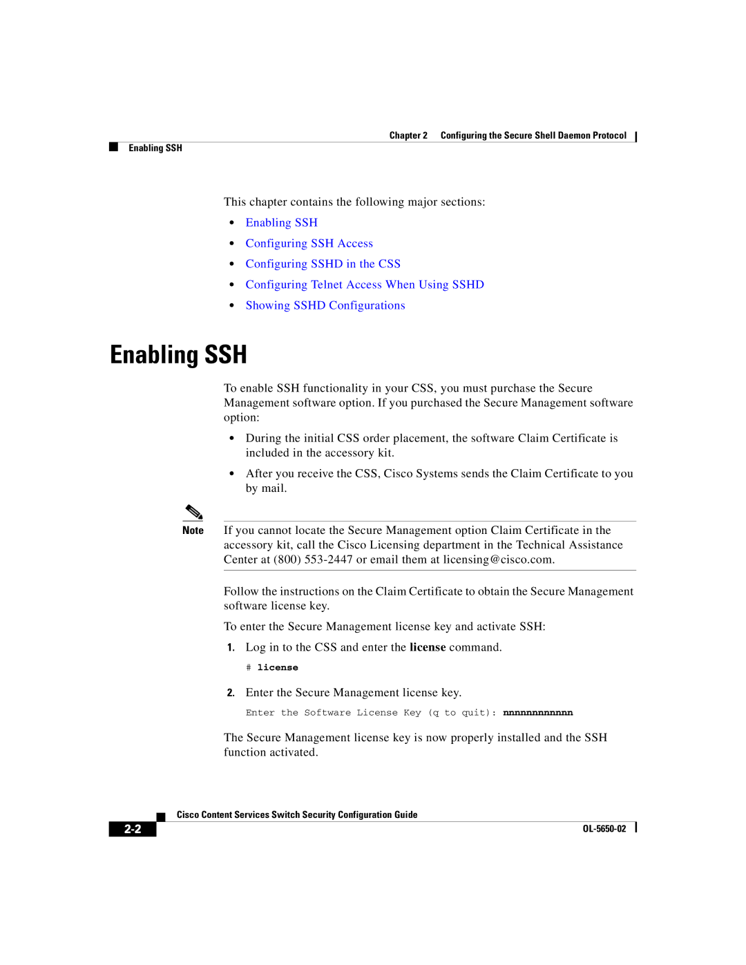 Cisco Systems OL-5650-02 manual Enabling SSH, # license 