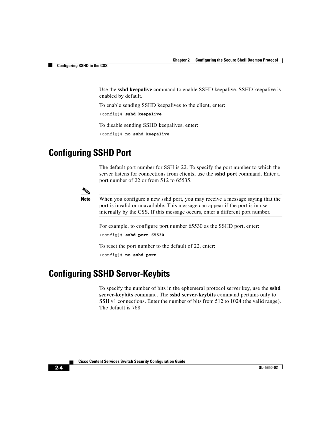 Cisco Systems OL-5650-02 manual Configuring Sshd Port, Configuring Sshd Server-Keybits 