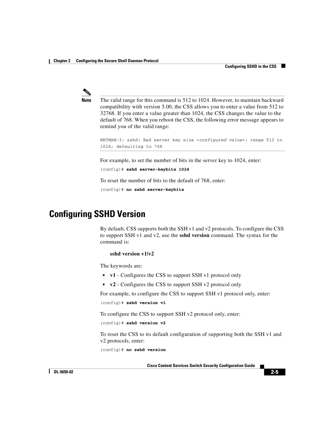 Cisco Systems OL-5650-02 manual Configuring Sshd Version, Config# sshd server-keybits, Config# no sshd server-keybits 