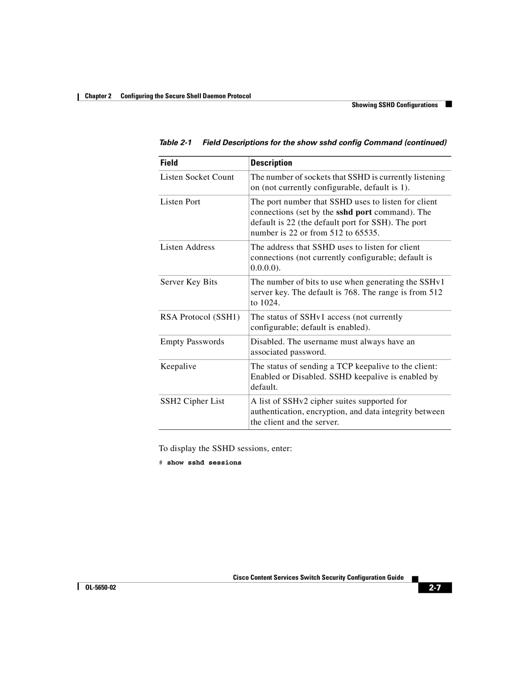 Cisco Systems OL-5650-02 manual # show sshd sessions 