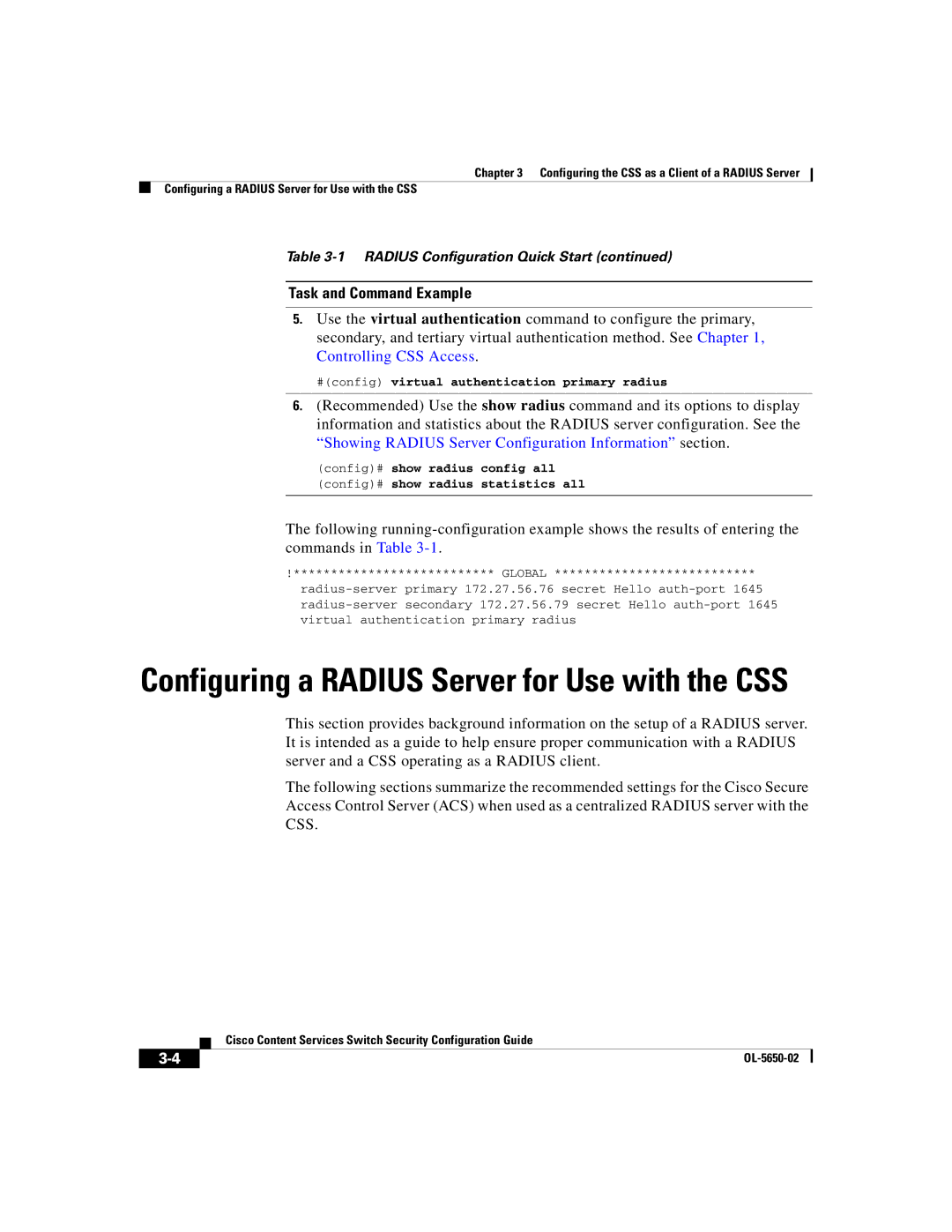Cisco Systems OL-5650-02 Configuring a Radius Server for Use with the CSS, #config virtual authentication primary radius 