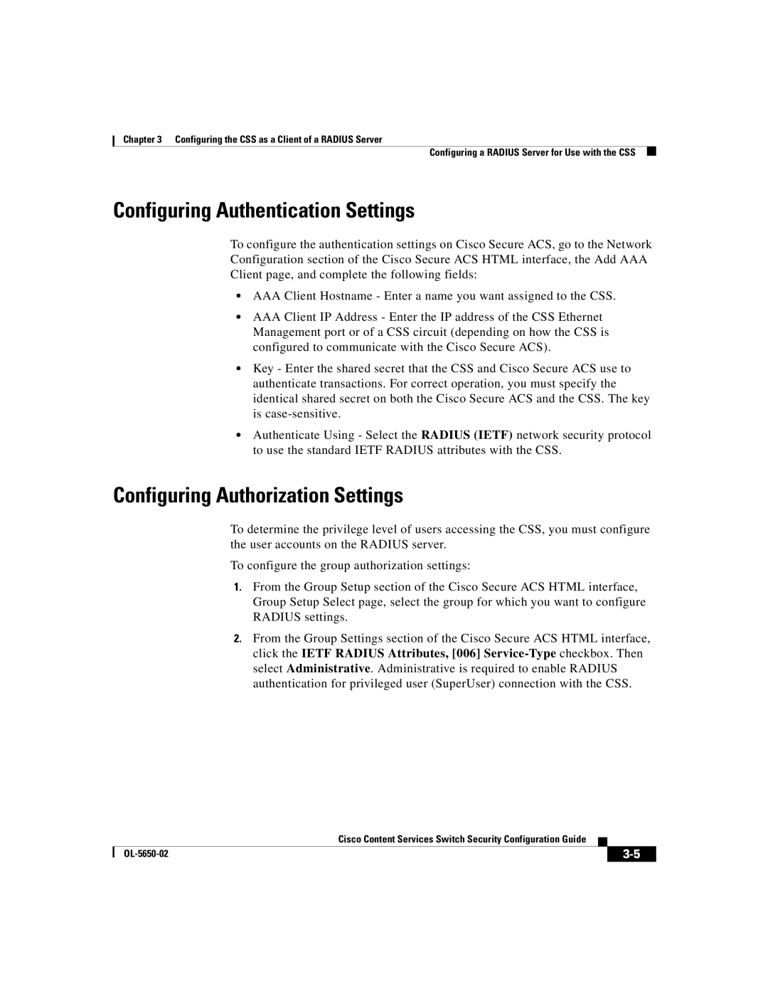 Cisco Systems OL-5650-02 manual Configuring Authentication Settings, Configuring Authorization Settings 