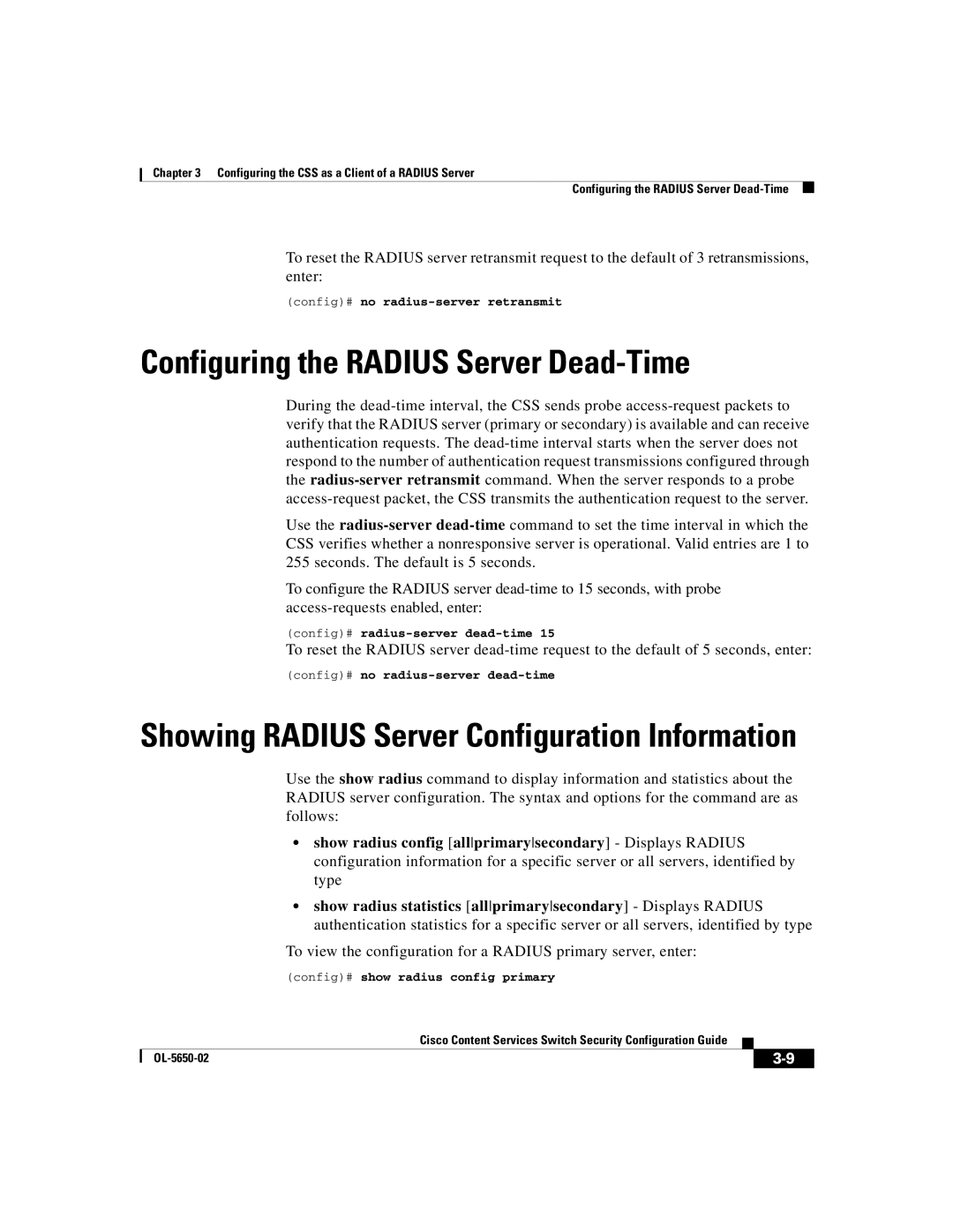 Cisco Systems OL-5650-02 manual Configuring the Radius Server Dead-Time, Config# no radius-server retransmit 