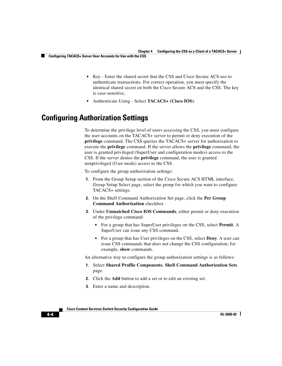 Cisco Systems OL-5650-02 manual Configuring Authorization Settings 