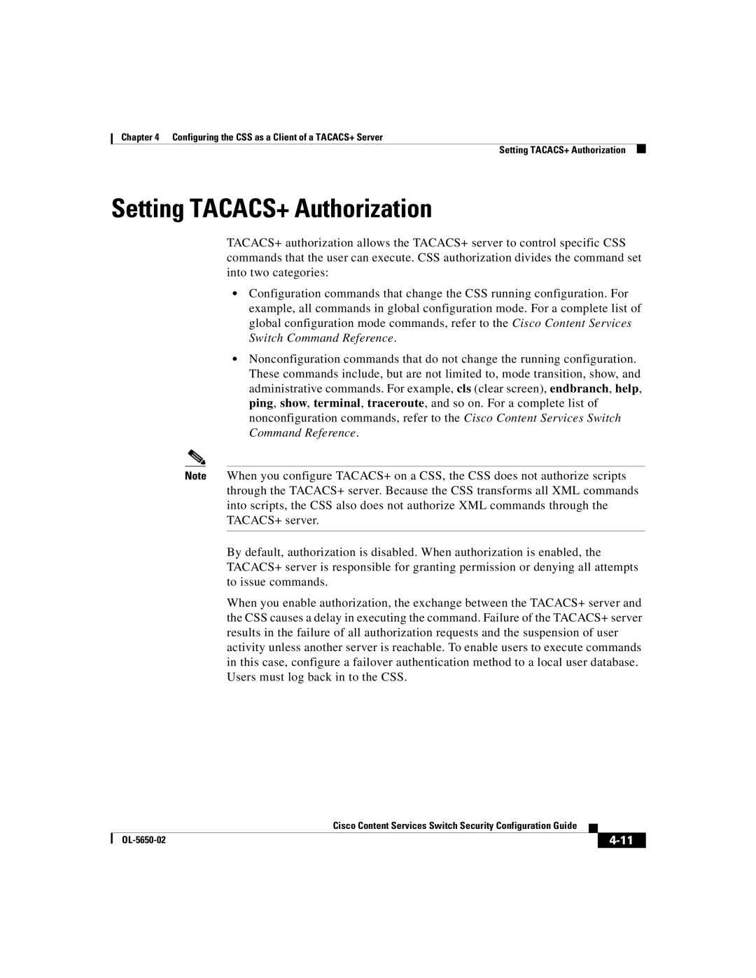 Cisco Systems OL-5650-02 manual Setting TACACS+ Authorization 