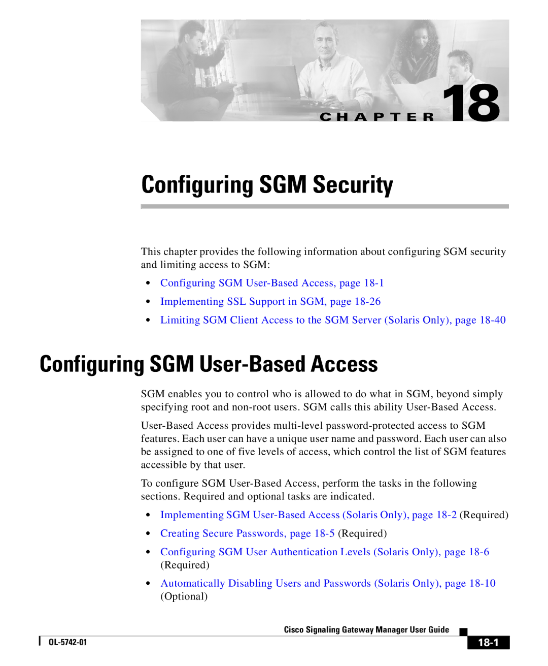 Cisco Systems OL-5742-01 manual Configuring SGM Security, 18-1 