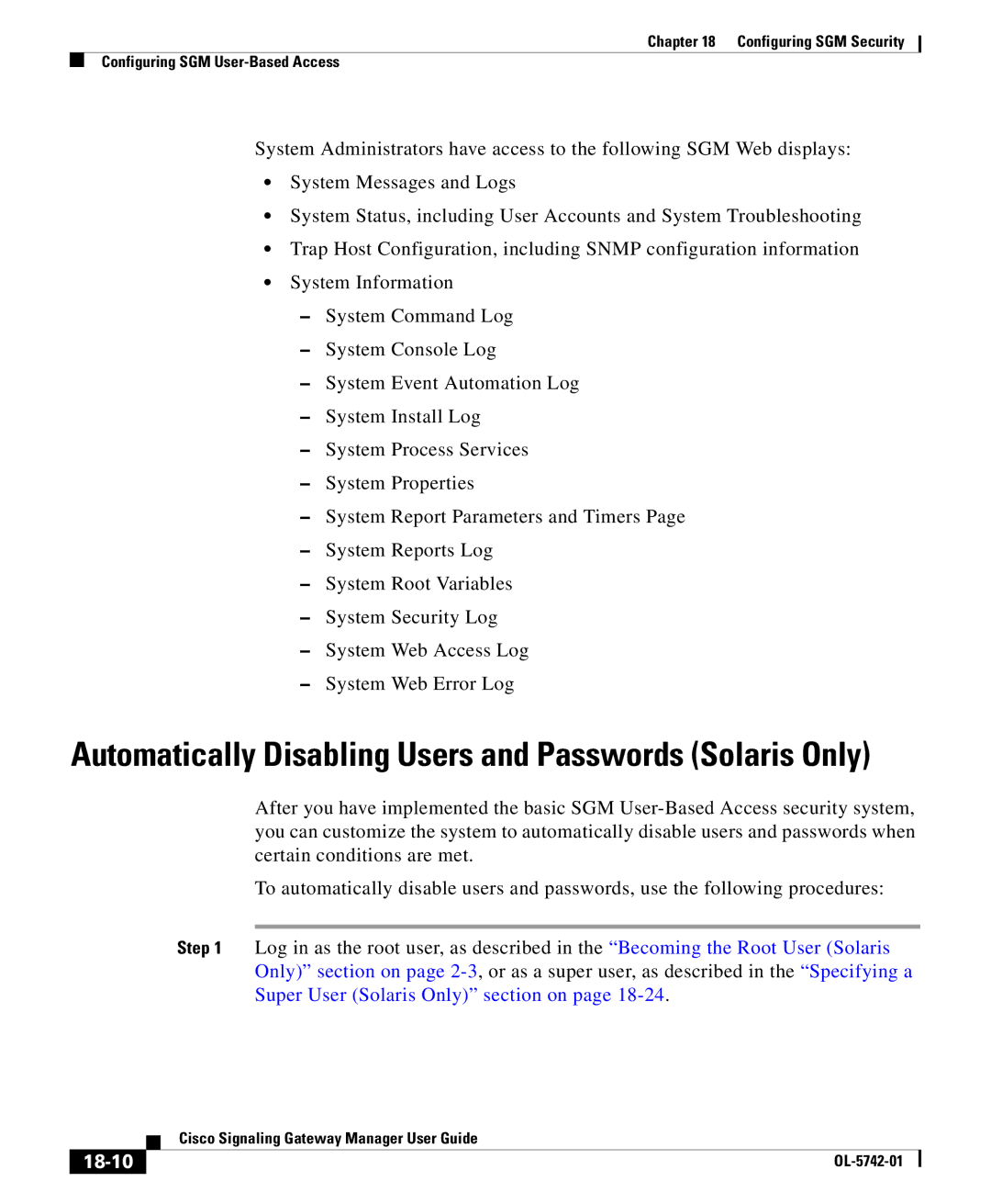 Cisco Systems OL-5742-01 manual Automatically Disabling Users and Passwords Solaris Only, 18-10 