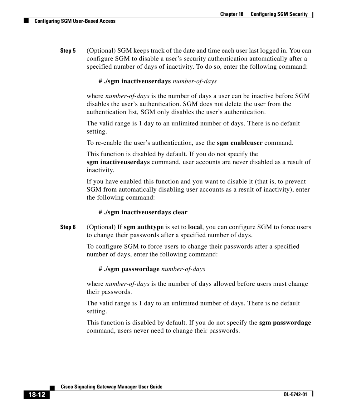 Cisco Systems OL-5742-01 manual # ./sgm inactiveuserdays number-of-days, # ./sgm inactiveuserdays clear, 18-12 