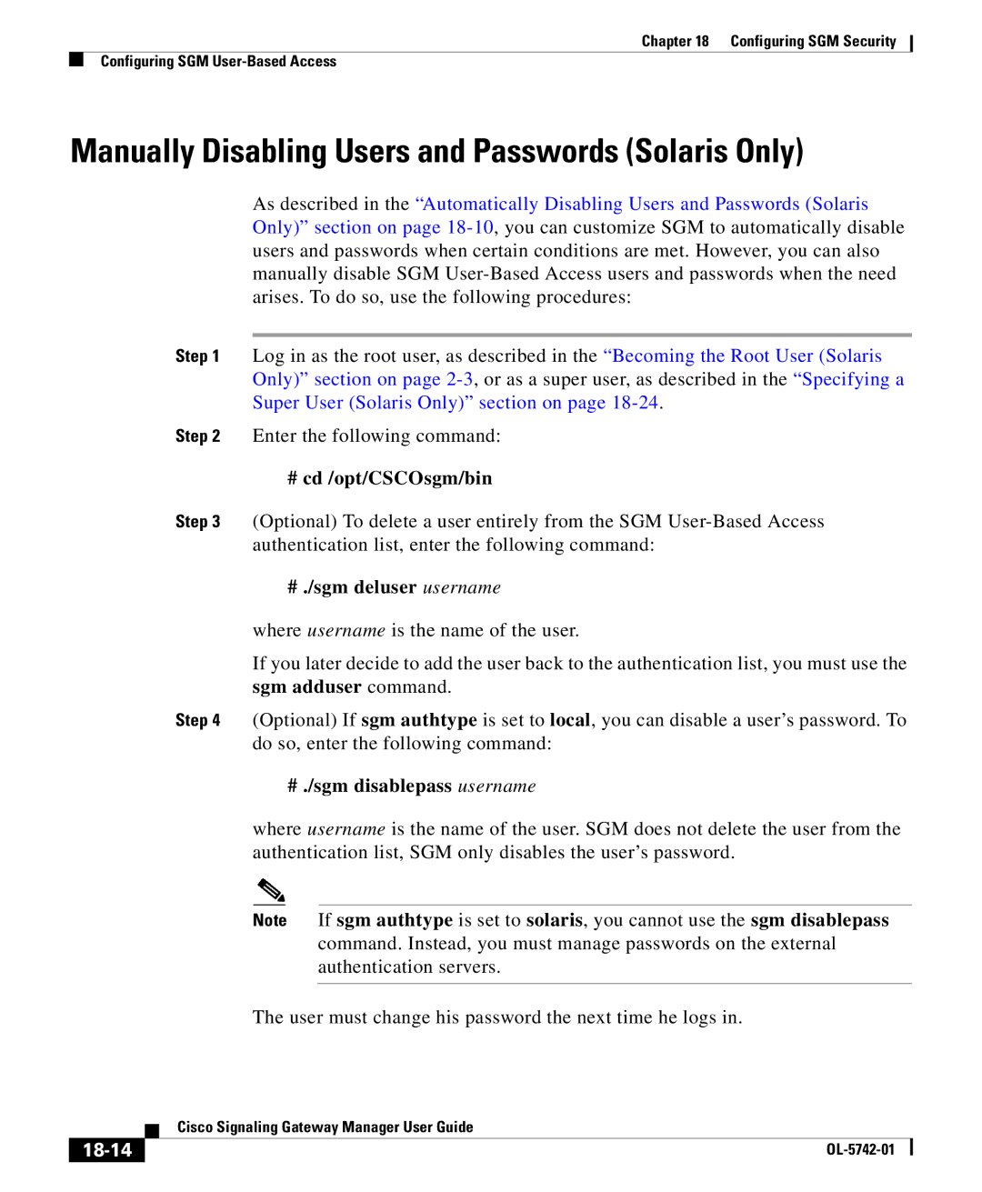 Cisco Systems OL-5742-01 manual Manually Disabling Users and Passwords Solaris Only, # ./sgm deluser username, 18-14 