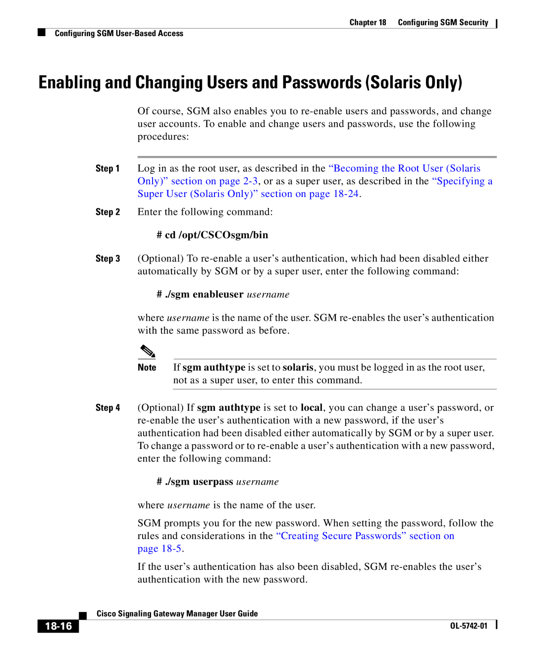 Cisco Systems OL-5742-01 manual # ./sgm enableuser username, # ./sgm userpass username, 18-16 