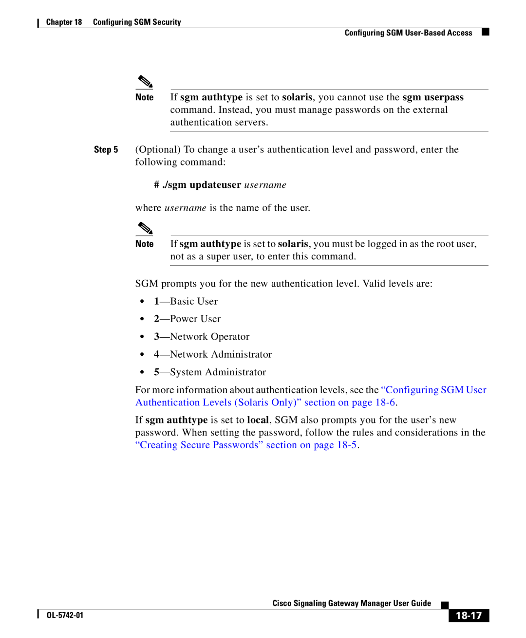 Cisco Systems OL-5742-01 manual # ./sgm updateuser username, 18-17 