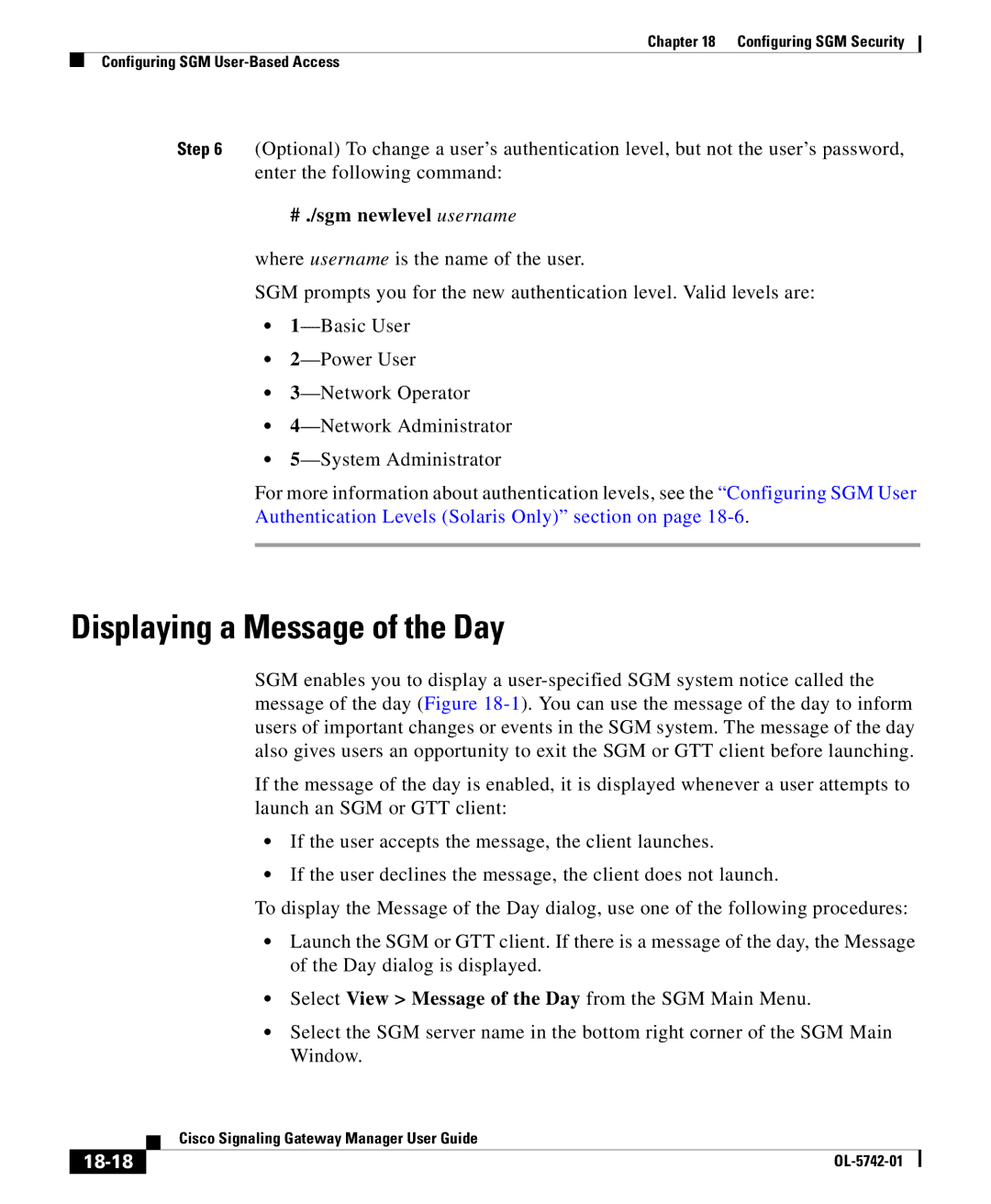 Cisco Systems OL-5742-01 manual Displaying a Message of the Day, # ./sgm newlevel username, 18-18 
