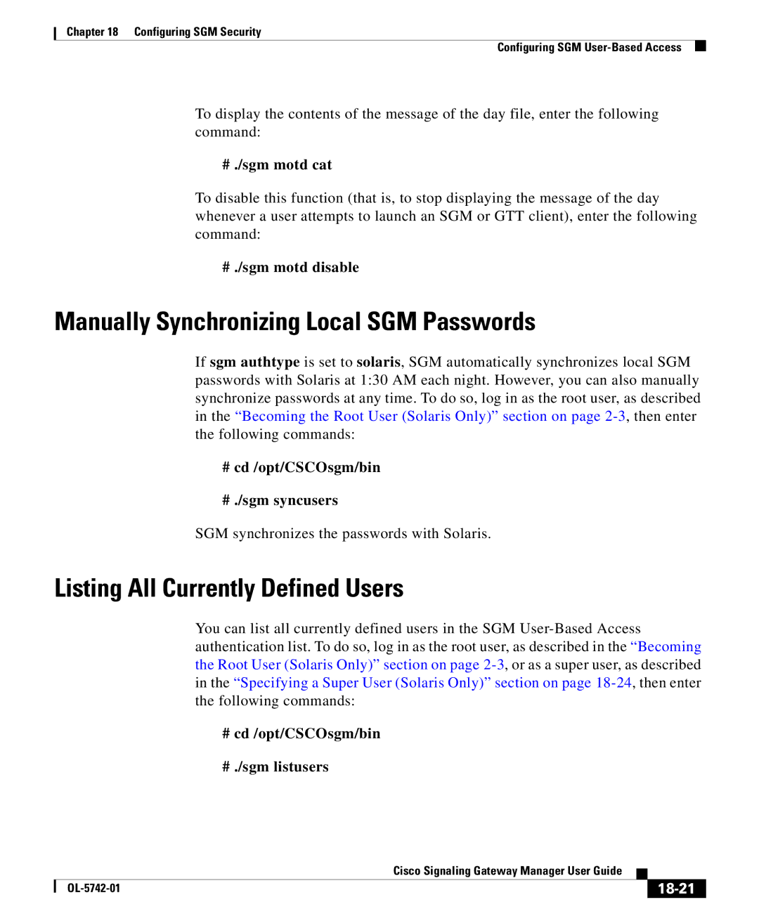 Cisco Systems OL-5742-01 manual Manually Synchronizing Local SGM Passwords, Listing All Currently Defined Users, 18-21 