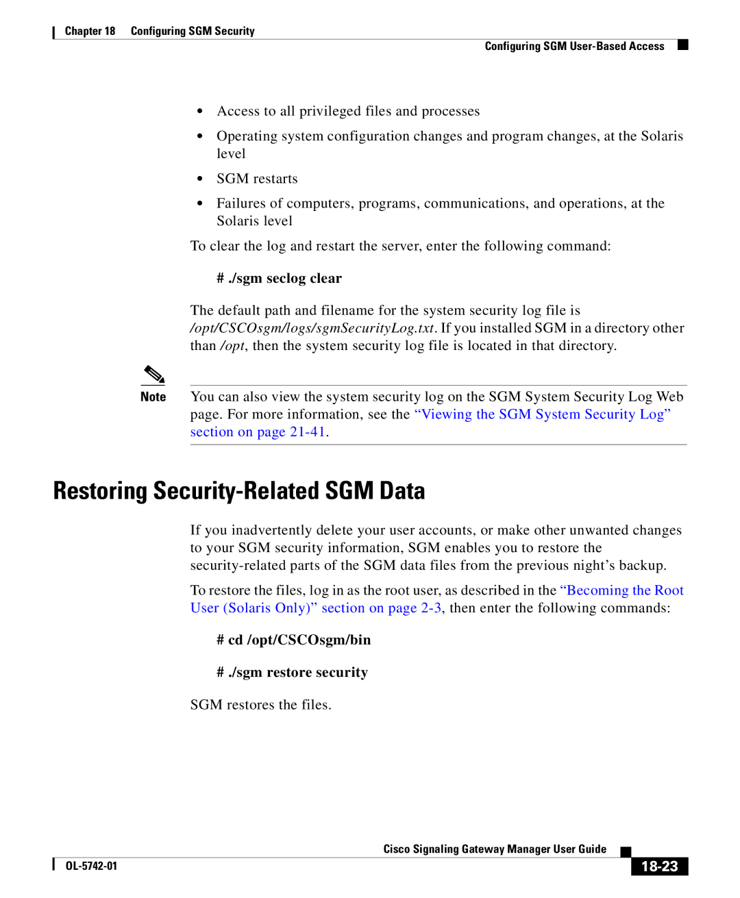 Cisco Systems OL-5742-01 manual Restoring Security-Related SGM Data, # ./sgm seclog clear, 18-23 