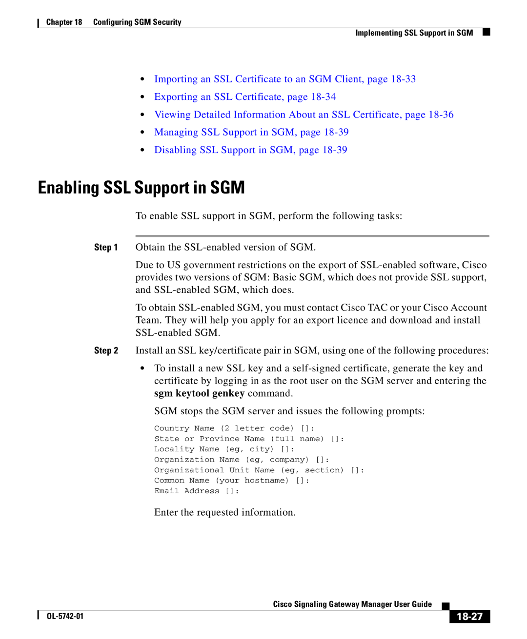 Cisco Systems OL-5742-01 manual Enabling SSL Support in SGM, 18-27 