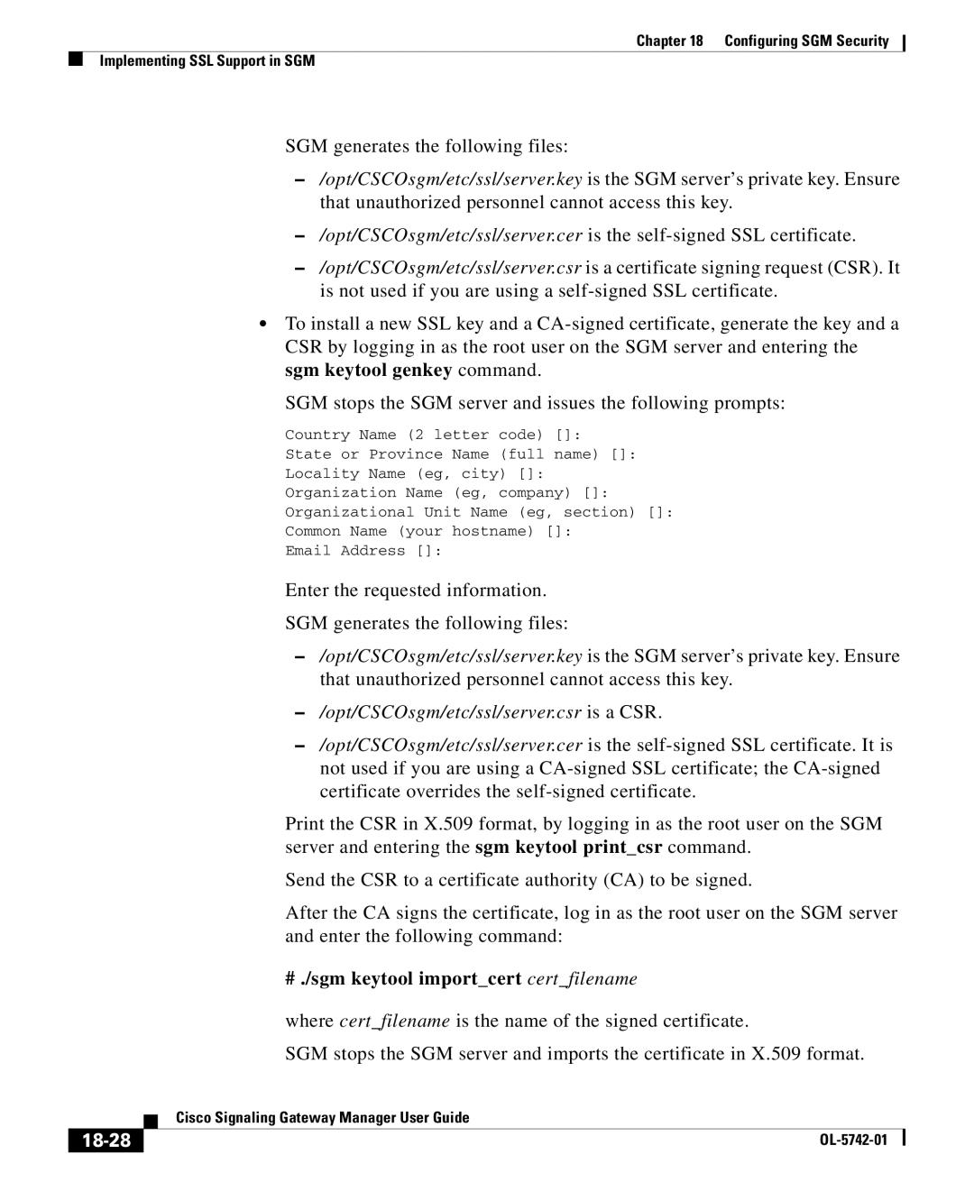 Cisco Systems OL-5742-01 manual # ./sgm keytool importcert certfilename, 18-28 