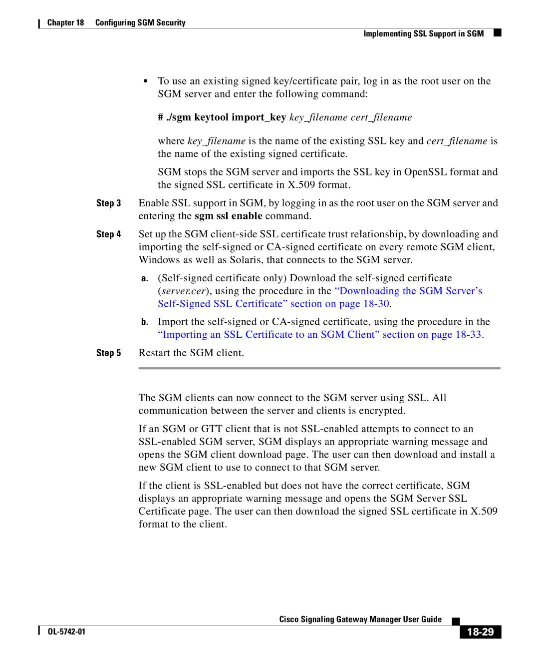 Cisco Systems OL-5742-01 manual # ./sgm keytool importkey keyfilename certfilename, 18-29 