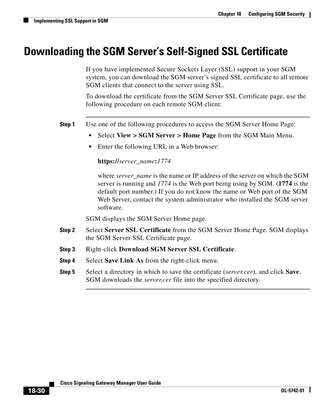 Cisco Systems OL-5742-01 manual Right-clickDownload SGM Server SSL Certificate, 18-30 