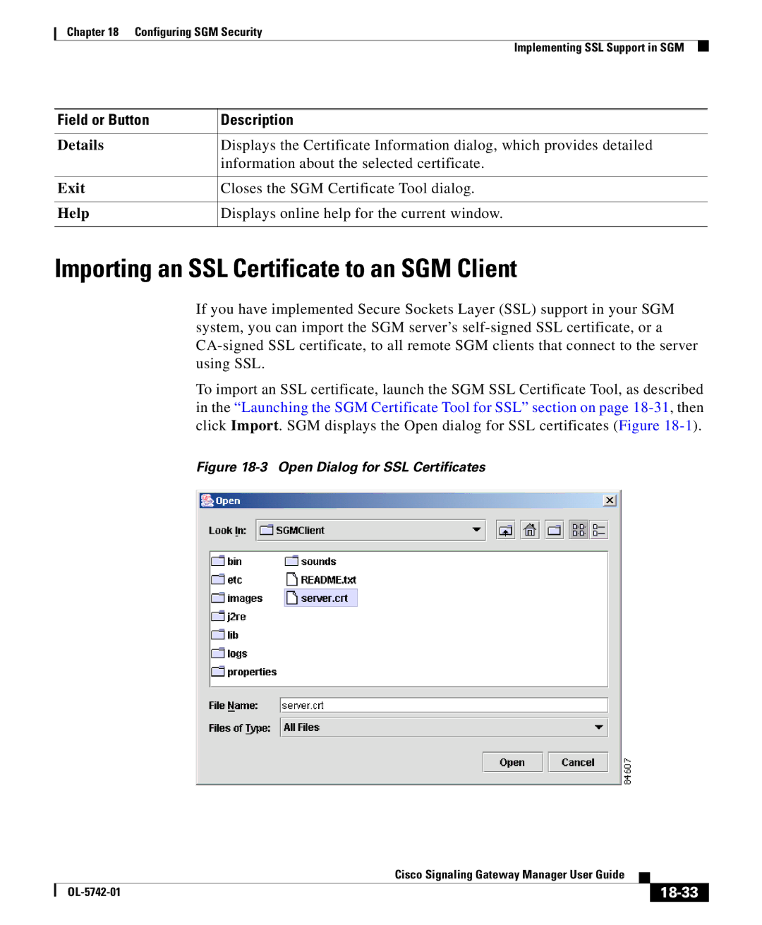 Cisco Systems OL-5742-01 manual Importing an SSL Certificate to an SGM Client, Details, Exit, Help, 18-33 