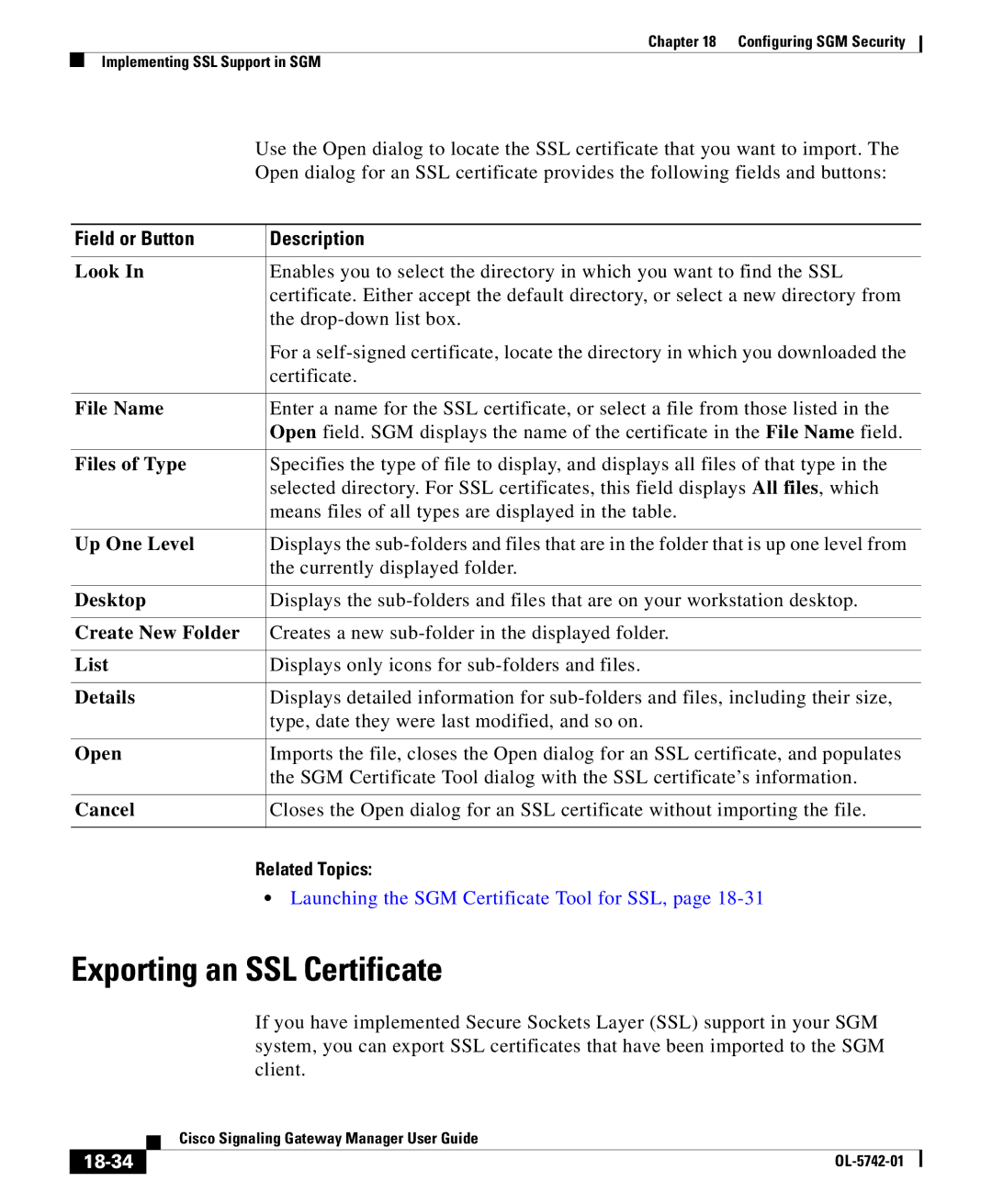 Cisco Systems OL-5742-01 manual Exporting an SSL Certificate, 18-34 