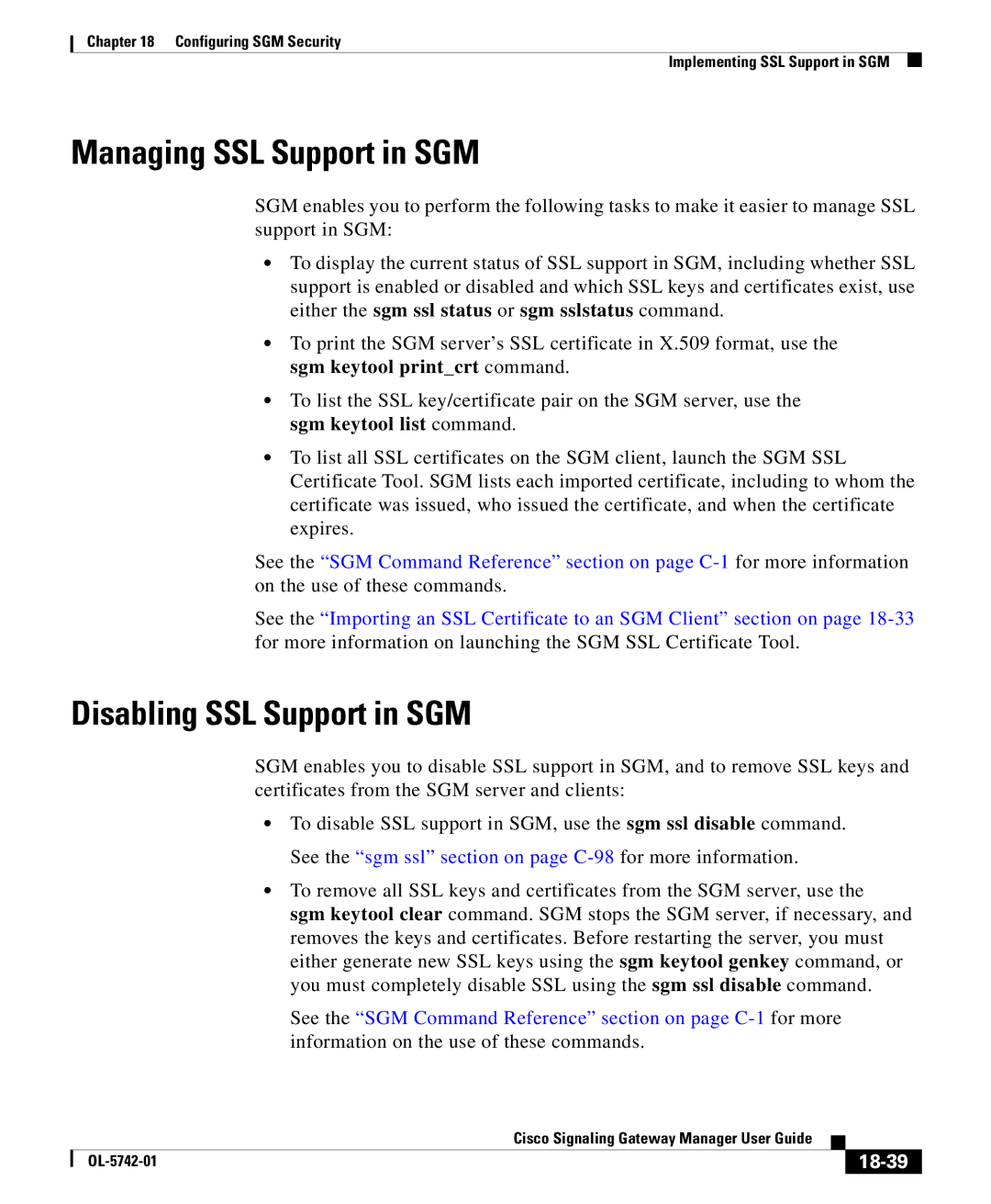 Cisco Systems OL-5742-01 manual Managing SSL Support in SGM, Disabling SSL Support in SGM, 18-39 